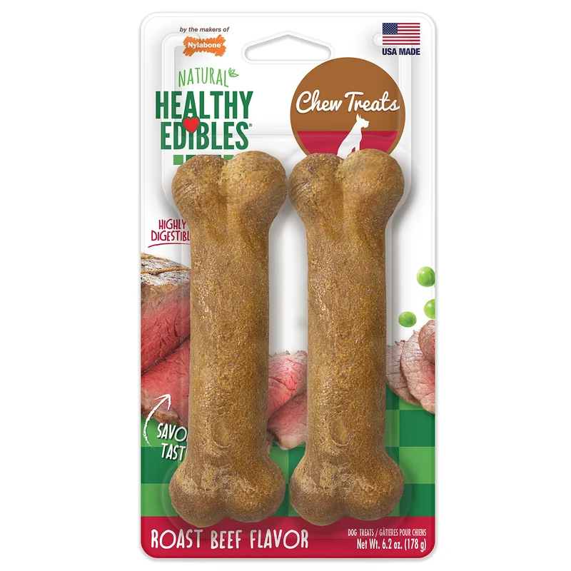 Nylabone Friandises Saines - Os Saveur Boeuf, Longue Durée, Taille Moyenne/Loup (2 pièces)