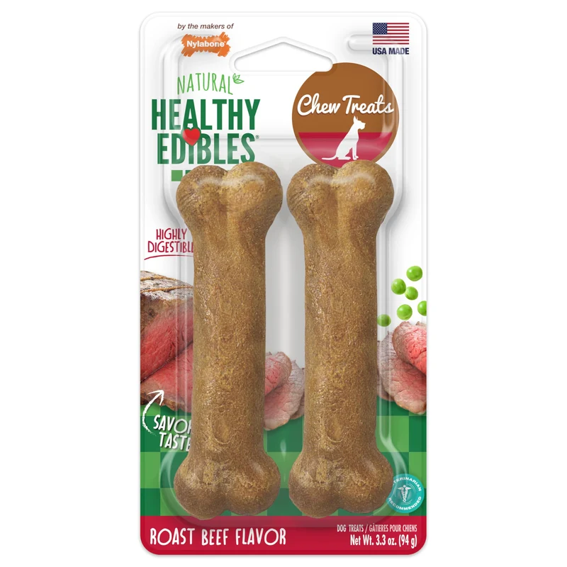 Nylabone Healthy Edibles – Friandises naturelles au boeuf rôti pour chiens (2 pièces, taille normale)