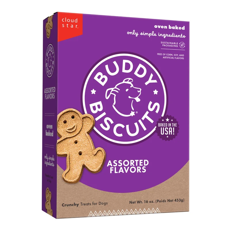 Buddy Biscuits — Boîte 16 oz de friandises croustillantes pour chiens (poulet rôti, bœuf grillé et cheddar)