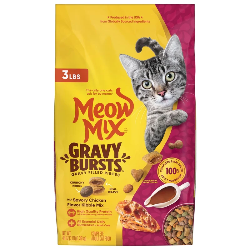 Meow Mix Gravy Bursts – Croquettes sèches au poulet avec jus, 3 lb – Alimentation complète pour chats adultes