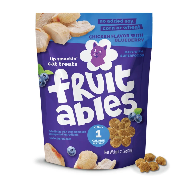 Fruitables – Friandises pour chat saines, faibles calories et riches en protéines, sans blé/maïs/soja – au poulet réel et myrtilles, 2,5 oz