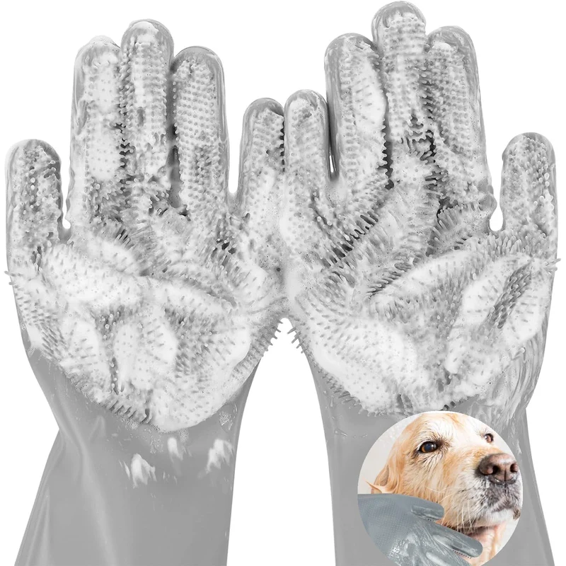 AKEISHE Gants Lavage et Deshedding pour Chiens et Chats – 5 Doigts en Silicone Réutilisables (Gris)
