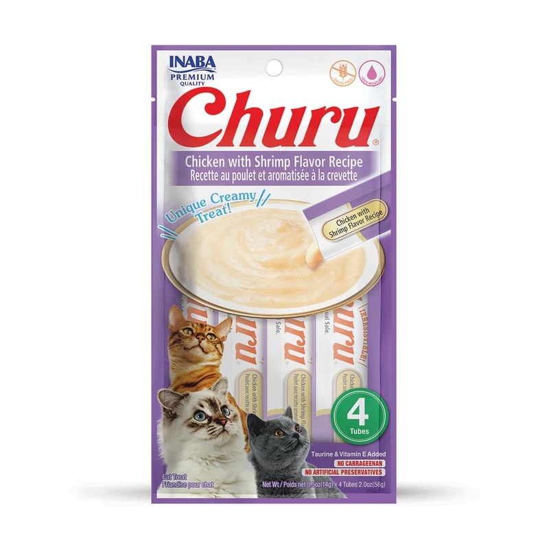 INABA Churu Cat Treats – Purée crémeuse sans céréales en tubes 0,5 oz (4 tubes) – Poulet et Crevettes