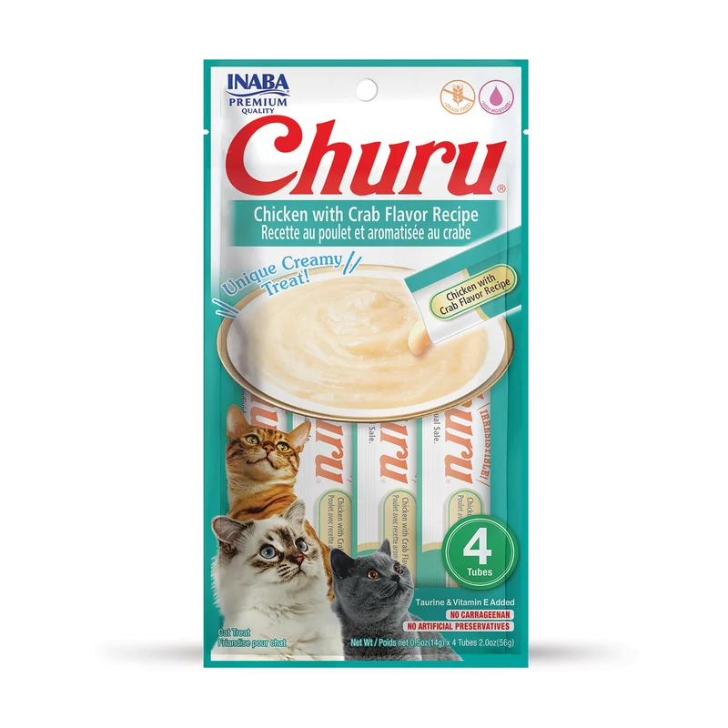 INABA Churu Friandises pour Chat – Purée crème poulet et crabe, 4 tubes
