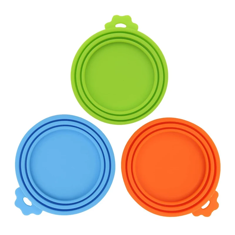 SHENGQIDZ – Lot de 3 Couvercles Universels en Silicone pour Boîtes de Nourriture Animale (Vert / Bleu / Orange)