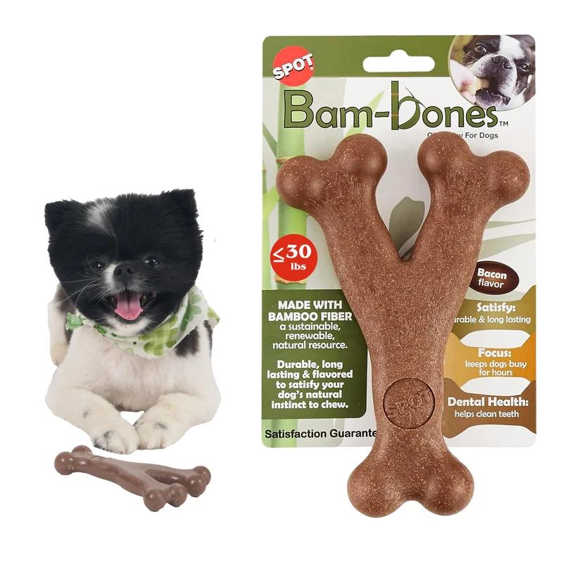 SPOT Bam-Bones Wishbone – Mordeur durable en bambou, goût bacon, pour chiens jusqu’à 30 lb (5,25 po)