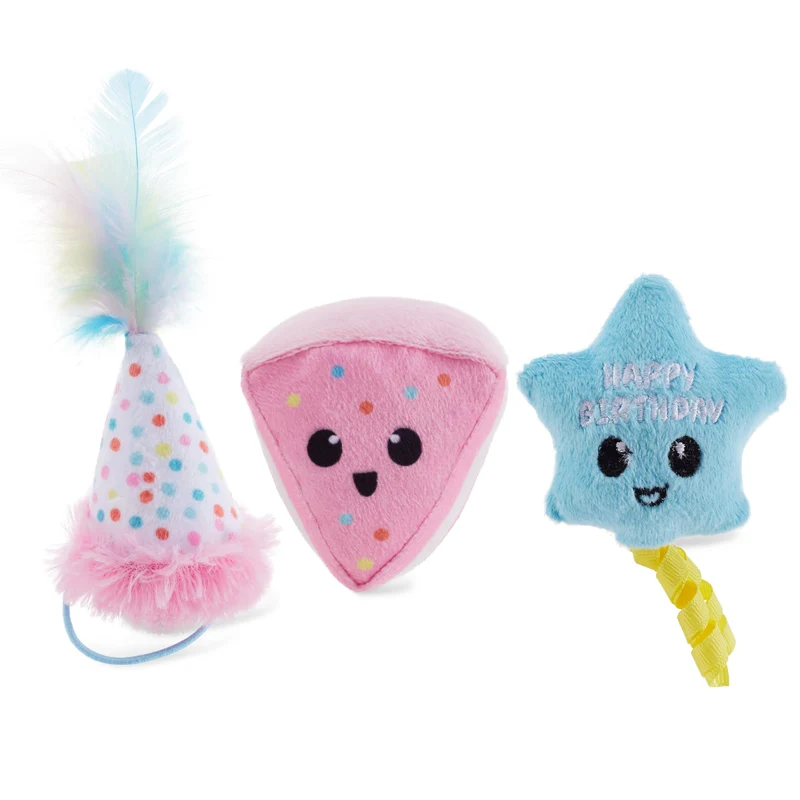 Catstages Happy Purrthday – Lot de 3 Jouets Chaton Peluche à Herbe, Multicolores, avec Plumes, Maille Dentaire et Bruissements