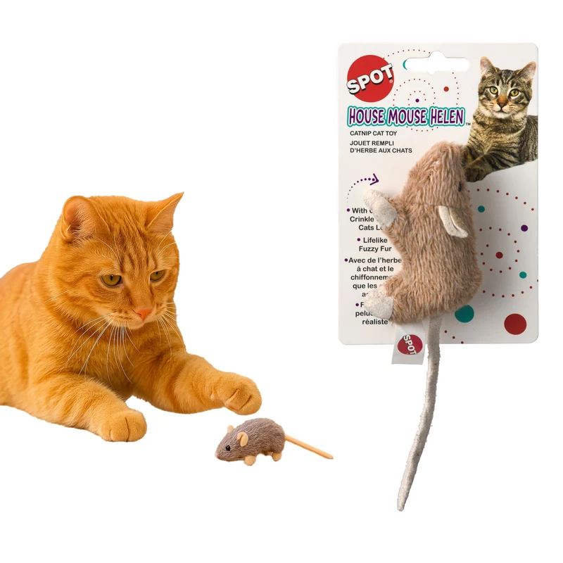 SPOT Souris Maison Helen pour Chats – Jouet Peluche Réaliste avec Herbe à Chat, Crissement, 4 po, Couleurs Variées