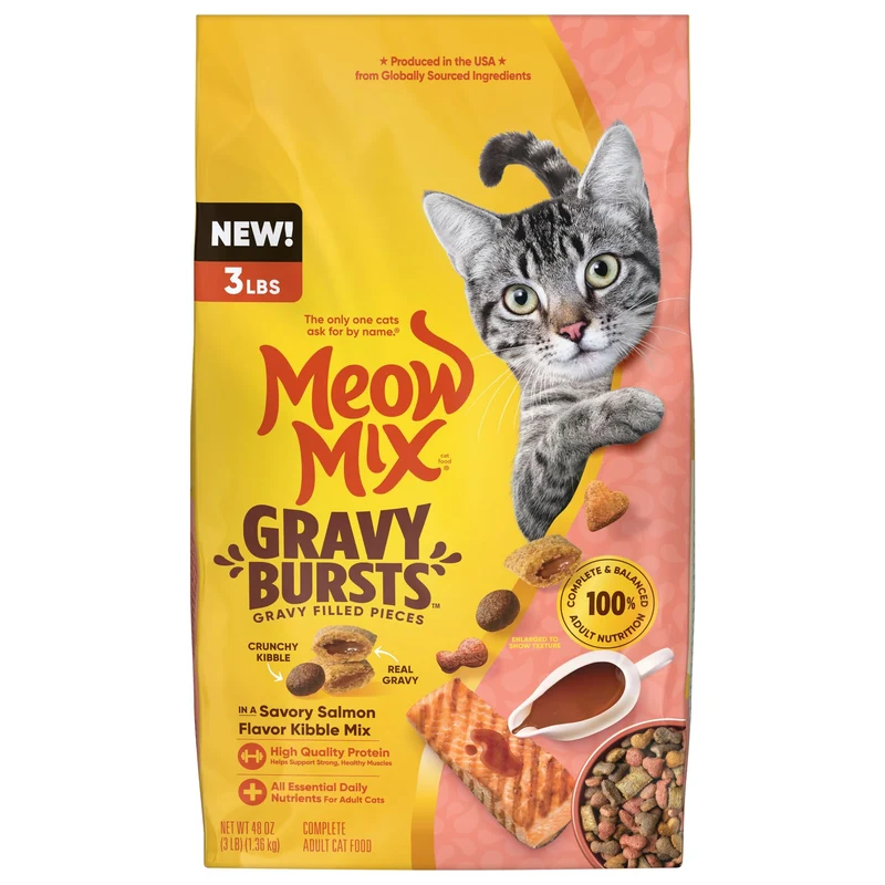 Meow Mix Gravy Bursts – Saveur saumon, croquettes avec sauce, sac de 3 livres