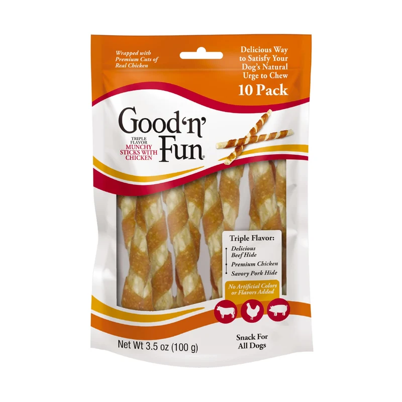 GOOD 'N' FUN Triple Saveurs Munchy Sticks – Friandises pour chiens, 10 sticks, peau de bœuf, peau de porc et poitrine de poulet