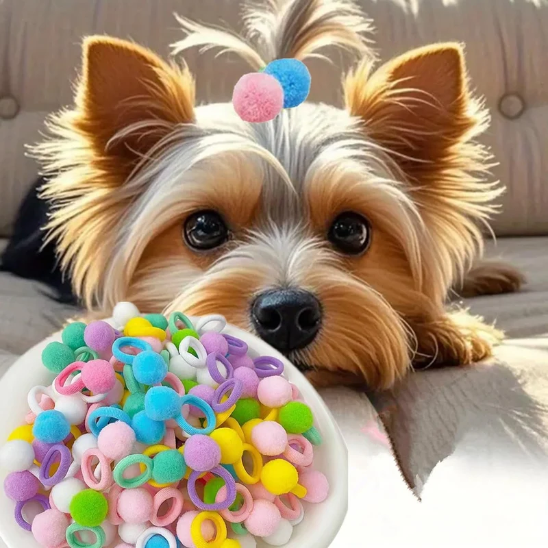 cuchenhuan - 50 pinces pour poils d'animaux, pompons multicolores avec élastique coton, accessoire de toilettage sans dommage, 0,75 pouce