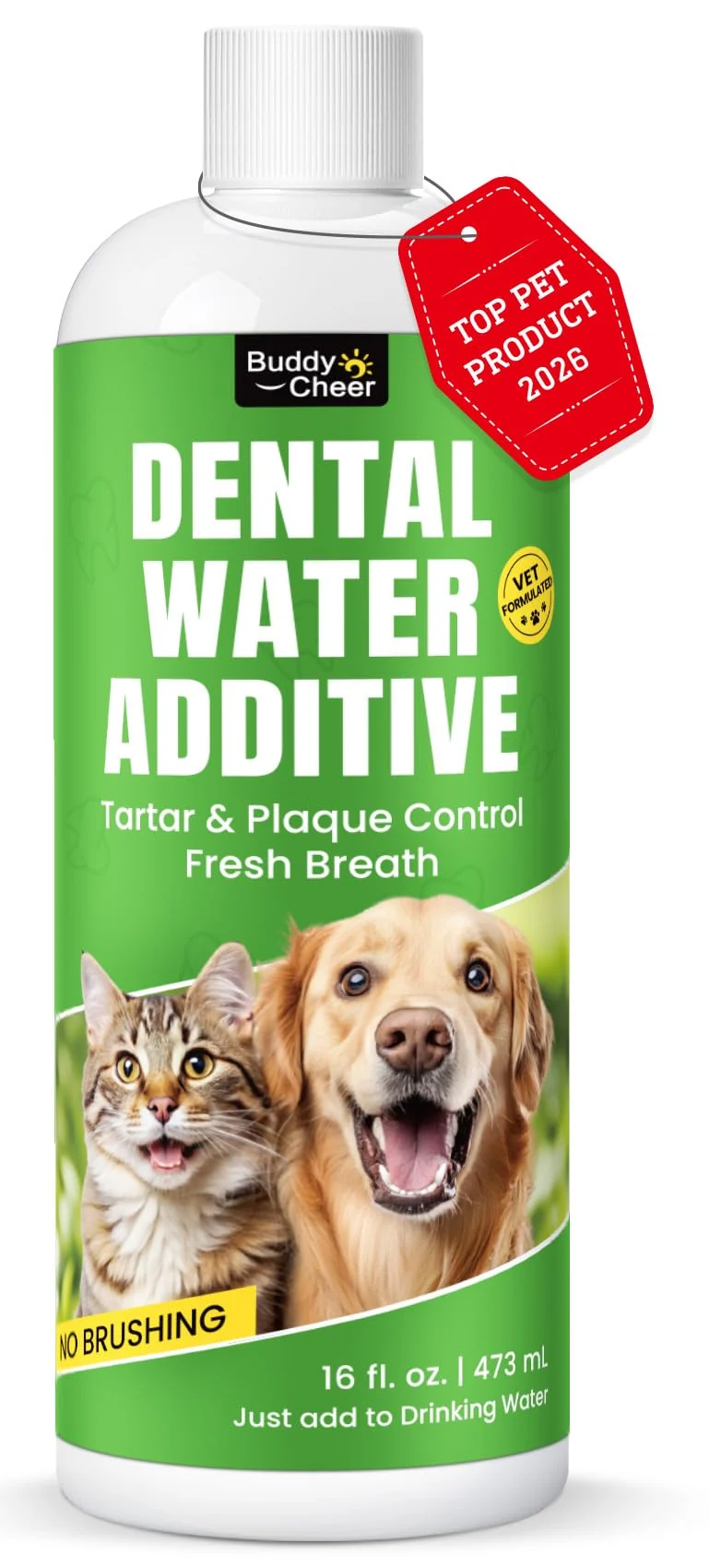 BuddyCheer – Eau dentaire enzymatique pour chien, haleine fraîche et tartre réduit, sans brossage, incolore, 473 ml (16 oz)