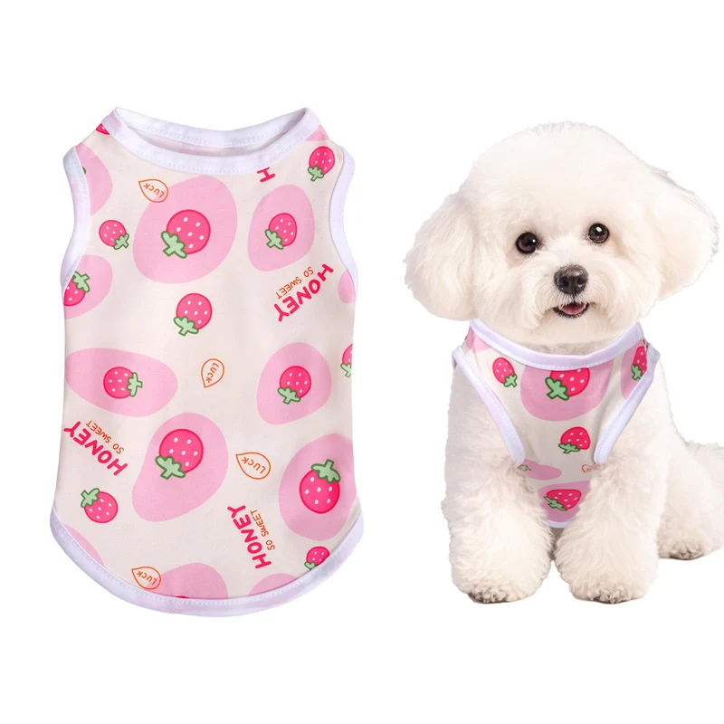 Pistha T-shirt pour chien rose – vêtement d'été doux imprimé fraises pour petits et moyens chiens et chats