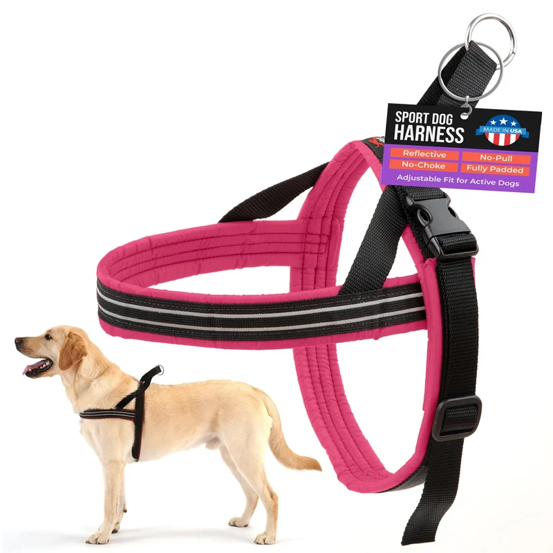 Harnais ComfortFlex Sport pour chiens actifs – Sans étranglement, rembourré intégral, poignée de contrôle – Léger, réfléchissant, ajustable – Taille moyenne, couleur framboise