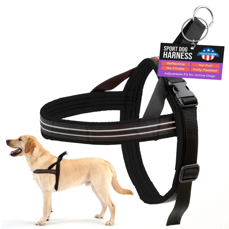 Harnais Sport ComfortFlex pour chien – sans etouffement, rembourre complet, poignee de controle – reflechissant, leger et reglable – pour chiens actifs – Taille Large Noir Raven