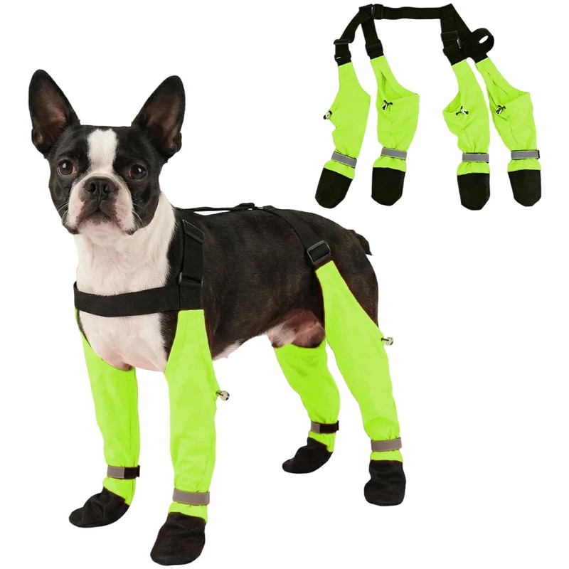 AuraPaw Bottes pour Chien Imperméables avec Suspenders – Réfléchissantes, Antidérapantes, Taille L, Vert