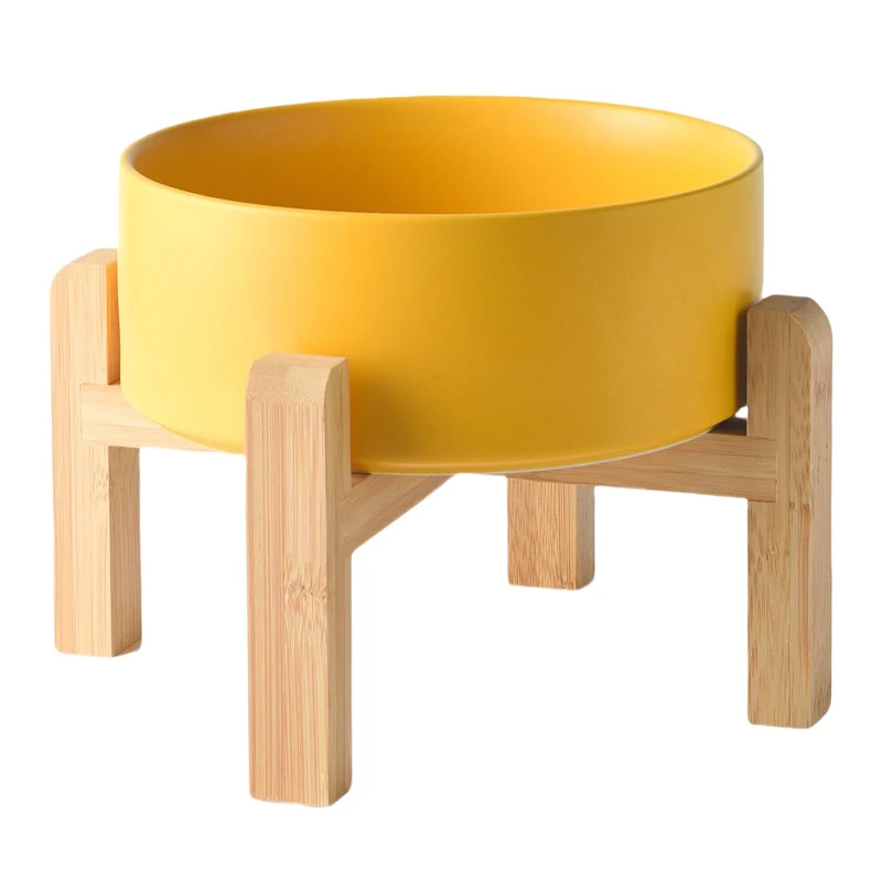 Welloyed Bol Chien Élevé en Céramique 8'' – 70 Oz, Support Bambou Anti-Dérapant, Jaune