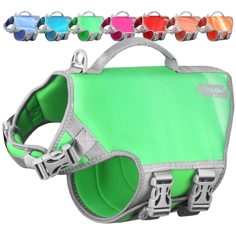 VIVAGLORY Gilet de Sauvetage pour Chien Néoprène – Flottaison Légère, Poignée, Taille L, Vert Verdoyant