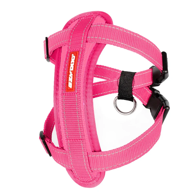 Harnais EzyDog à plaque thoracique anti-tirage – anti-évasion, rembourrage confortable, coutures réfléchissantes, ceinture auto incluse (Petit, Rose)