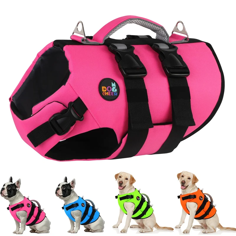 Dogcheer Gilet Sauvetage Chien – Néoprène Rose, Taille L, Haute Visibilité et Harnais Ajustable
