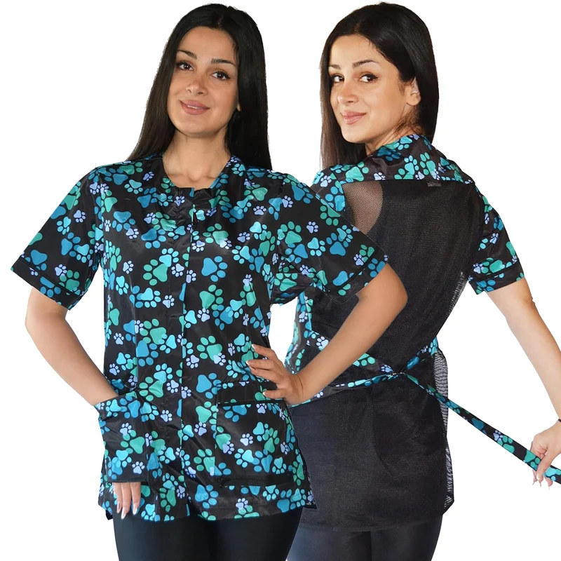 Ladybird Line 701 Smock Imperméable Toilettage Chien – Empreinte Patte Bleue, Poches, Résistant Cheveux et Javel, Panneau Zip Couvert, Dos Mesh, Ceinture Dos Ajustable – 3XL