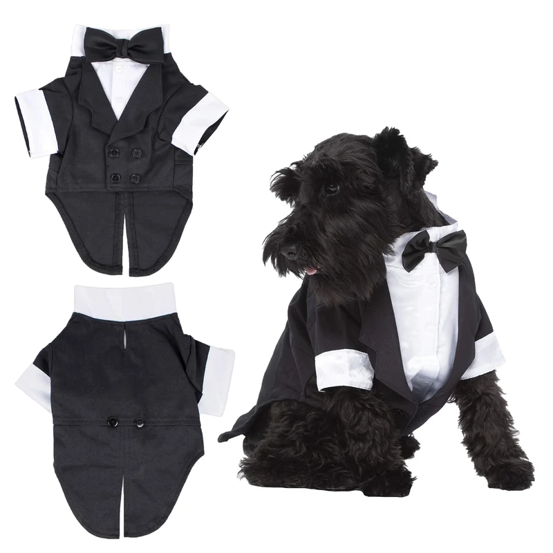 Robe Smoking Parisian Pet Party pour Chien – Tenue Formelle Satin Noir avec Chemise Blanche et Noeud Papillon