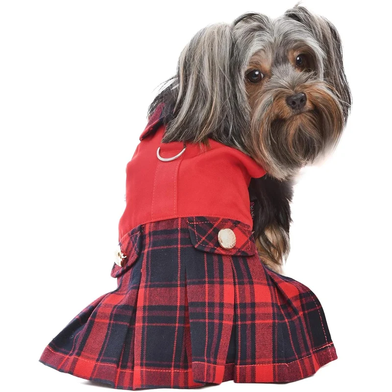 Robe écossaise pour chien Parisian Pet – Plaid rouge, jupe plissée et fermeture pratique