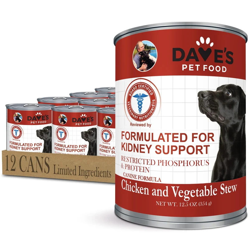 Dave's Pet Food – Soutien rénal pour chiens (ragoût poulet et légumes) – faible phosphore et protéines – sans ordonnance – 12,5 oz (boîte de 12)
