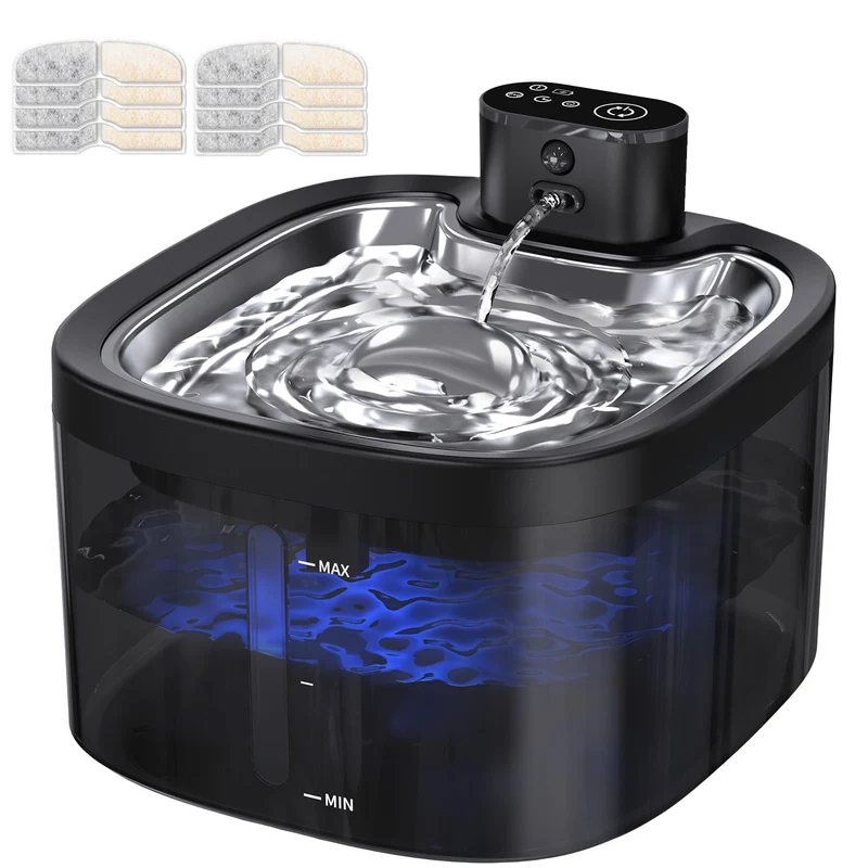 Ksuefao Fontaine pour Chat Sans Fil 3,5L – Hydratation Sans Câble, Détecteur, Inox, Silencieuse (8 Filtres)