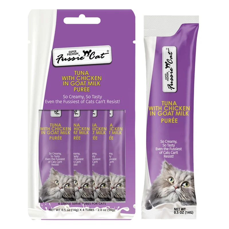 Fussie Cat – Thon premium avec poulet en purée de lait de chèvre | Friandises à lécher pour chats | Lot de 4 sachets de 0,5 onces