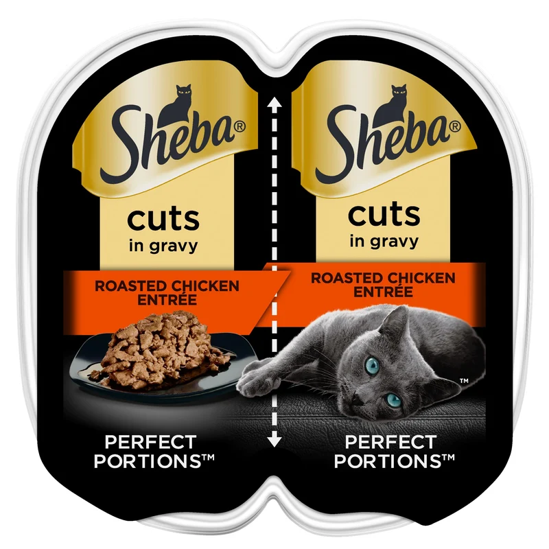 Sheba Portions Parfaites – Nourriture humide pour chat, Morceaux de poulet rôti dans sauce au jus, Lot double 2x74 g
