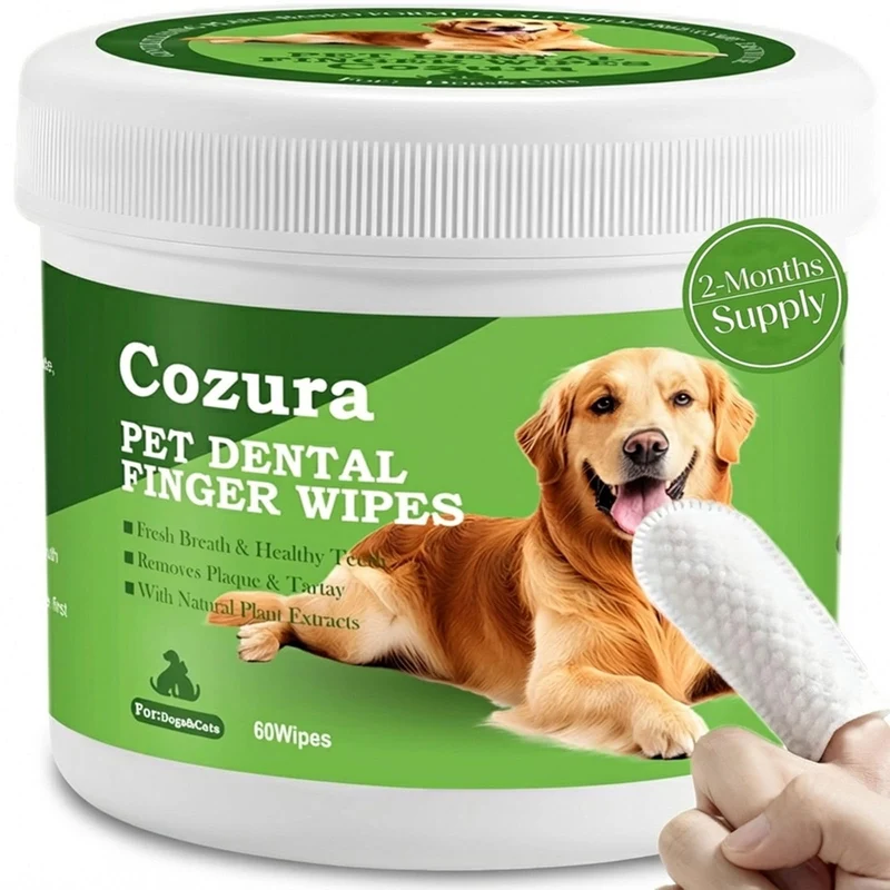 Cozura Lingettes Dentaires pour Chiens et Chats – Nettoyage des dents, Haleine Fraîche, 60 pièces, Sans Parfum