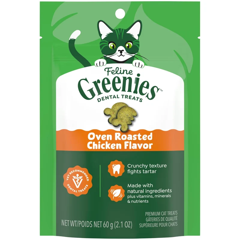 Friandises dentaires Greenies pour chats – Saveur poulet rôti, pochette de 2,1 oz, recommandées par les vétérinaires