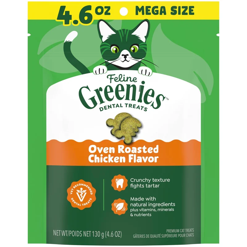 Friandises dentaires Greenies pour chats – Goût poulet rôti, recommandées par les vétérinaires, sachet 4,6 oz