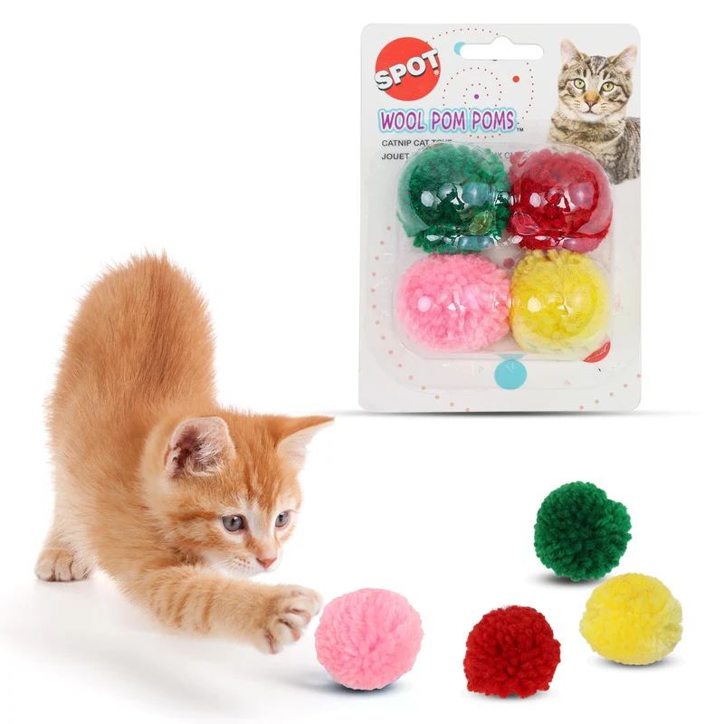 SPOT Boules Pompon en Laine – Jouet Interactif pour Chats et Chatons, 4 Boules de 1,5 Pouces