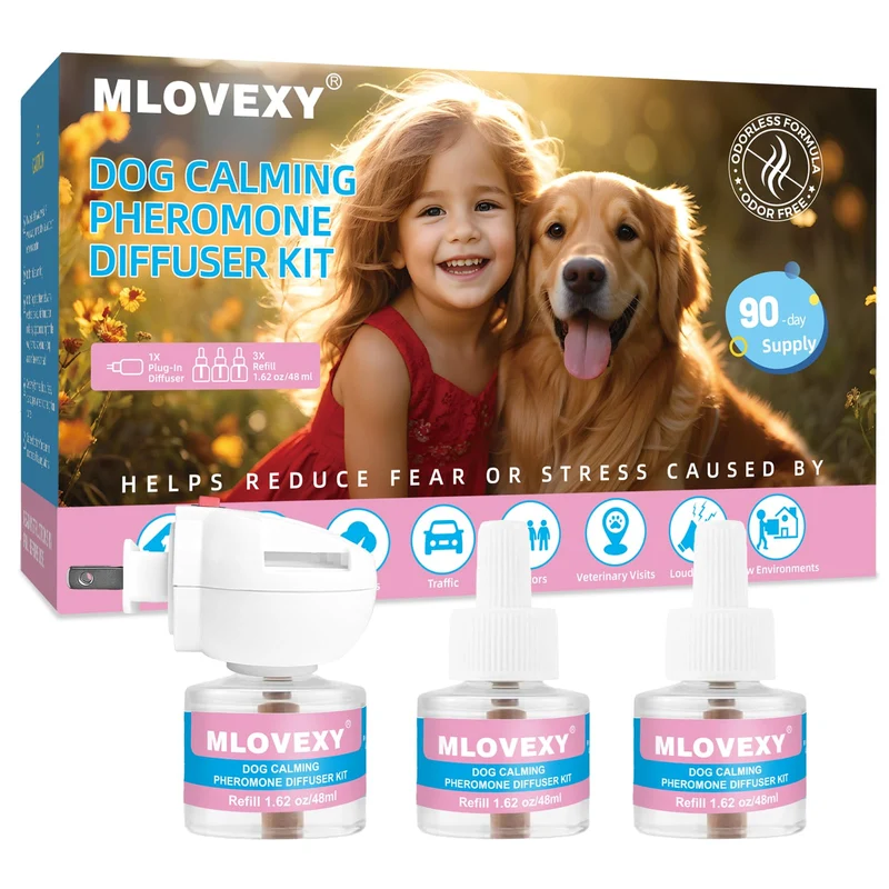 Diffuseur apaisant MLOVEXY pour chiens — Phéromones calmantes, 90 jours (3 recharges, 1 diffuseur)