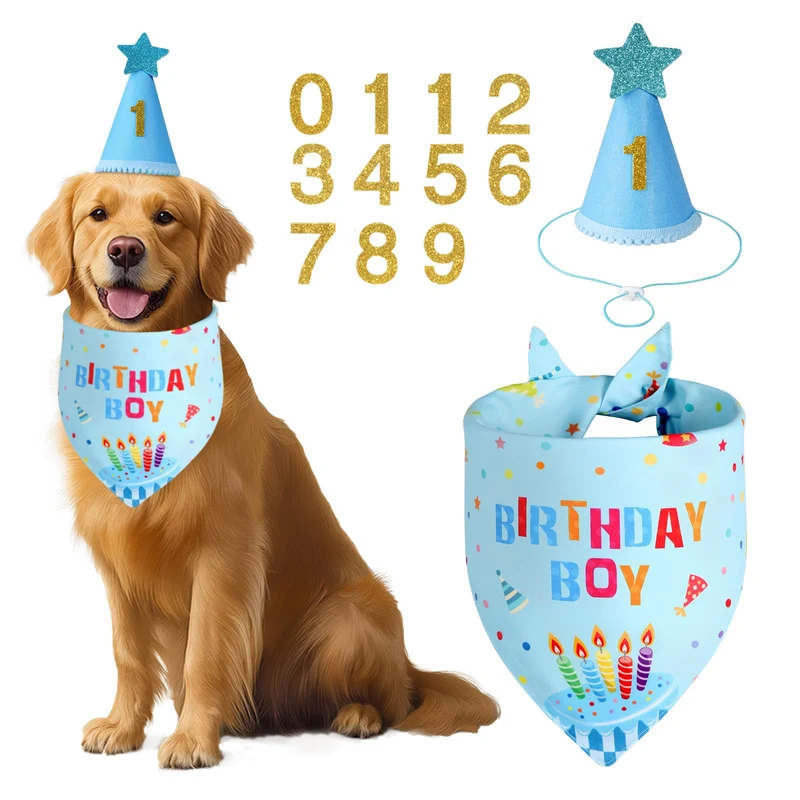 Agroon Ensemble Anniversaire pour Chien — Chapeau et Bandana Numéros Bleu Clair (Petit, Grand, Extragrand)