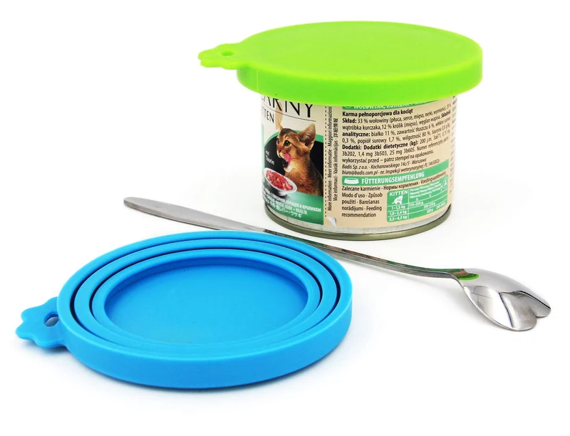 Comtim Couvercles Silicone Pour Conserves Animaux – Ensemble 2 Couvercles + Cuillère Inox
