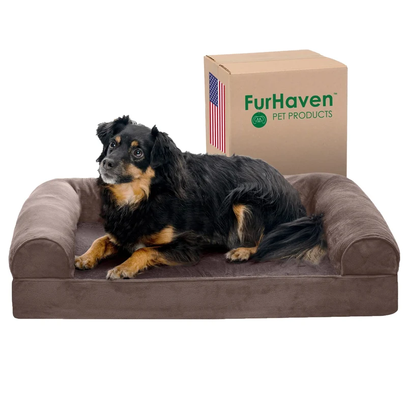 Lit orthopédique Furhaven pour chiens moyens – Canapé en fausse fourrure et velours, jusqu’à 16 kg, brun bois flotté