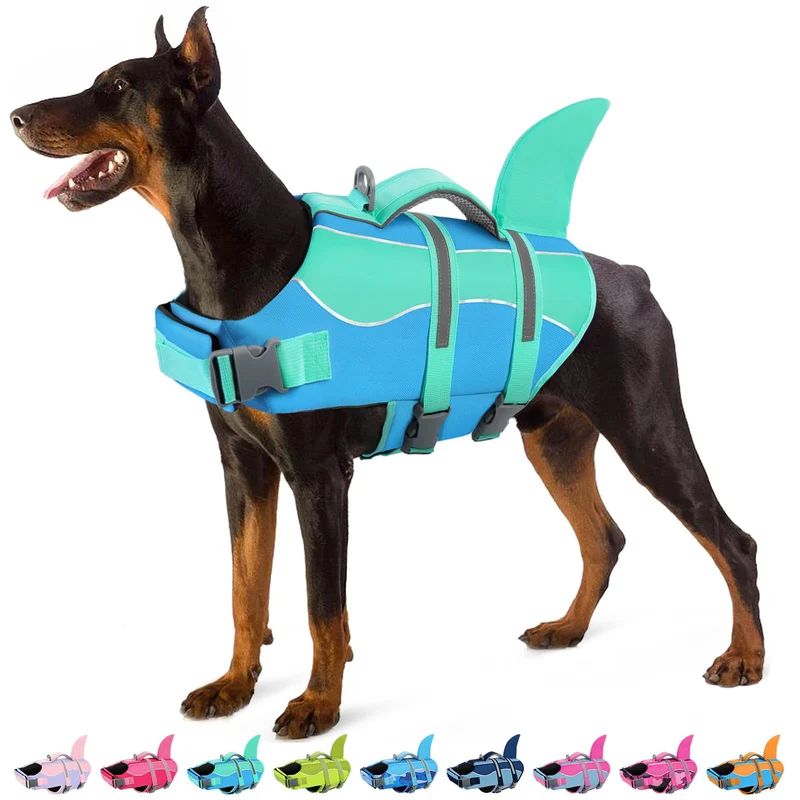 SUNFURA Gilet de Sauvetage Chien – Style Requin Bleu, Haute Flottabilité, Poignée de Secours, Taille M