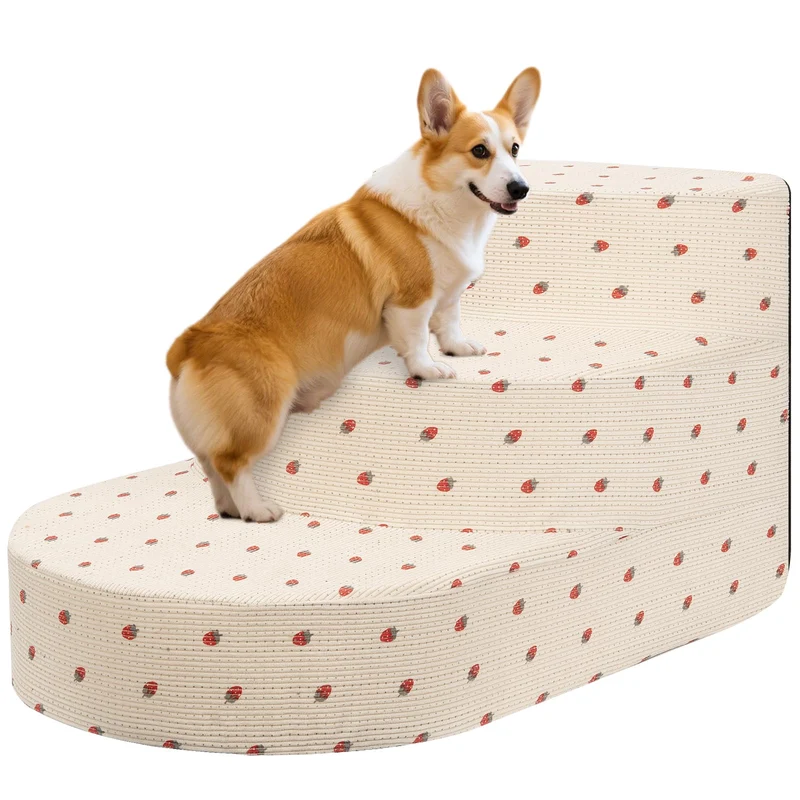 NECKORY Escaliers pour Chiens Petit - 3 Marches, Mousse Antidérapante, Housse Lavable, Fraise