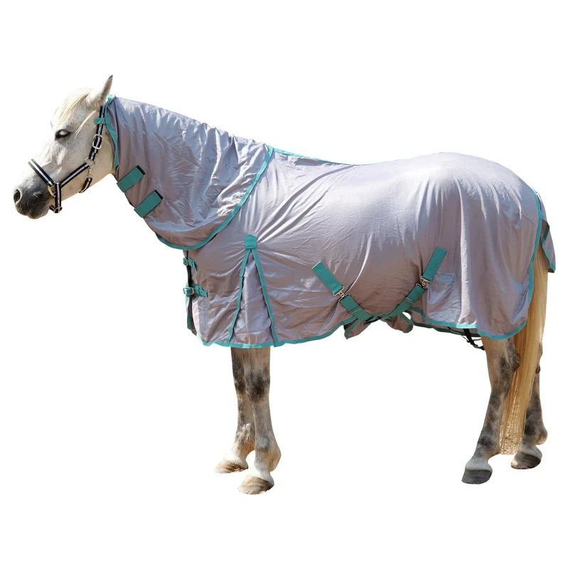 Gallopoff Dossière anti-mouches pour cheval avec capuche amovible et bavette abdominale — ventilation, gris, Taille 75