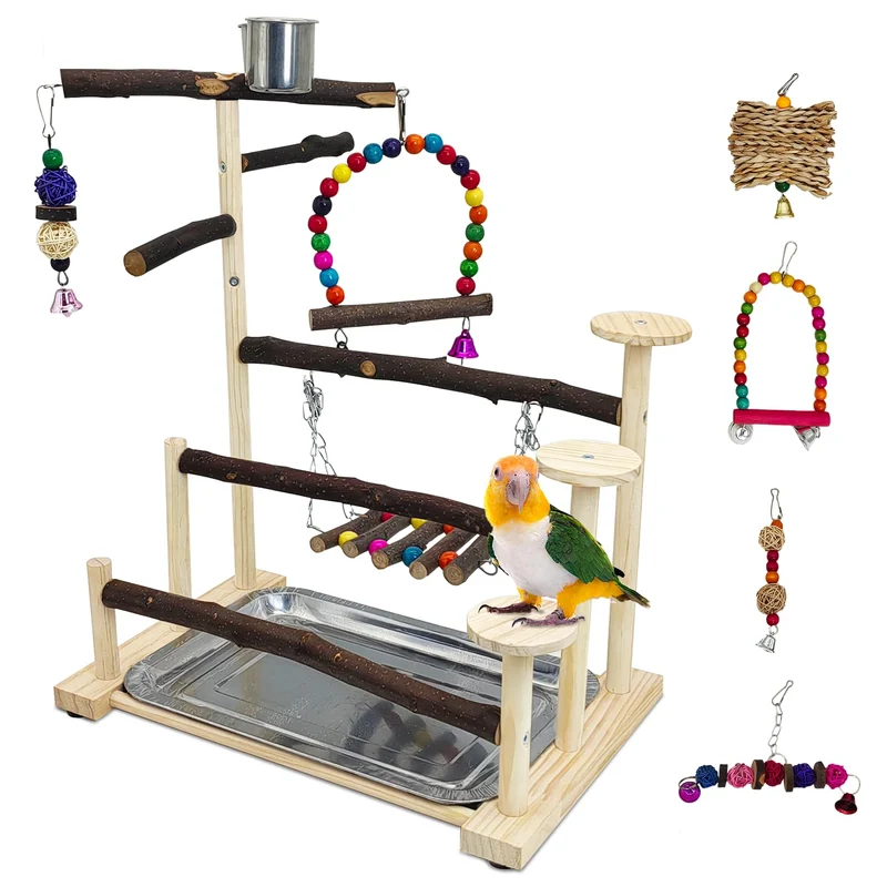 PINVNBY Aire de jeux pour oiseaux – Parcours de perchoirs en bois pour perroquets et petites espèces