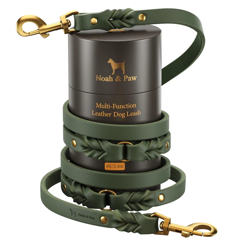 NOAH & PAW Laisse en cuir premium huile-wax braidé – 8 pieds, 6 configurations, mains libres (Vert foncé)