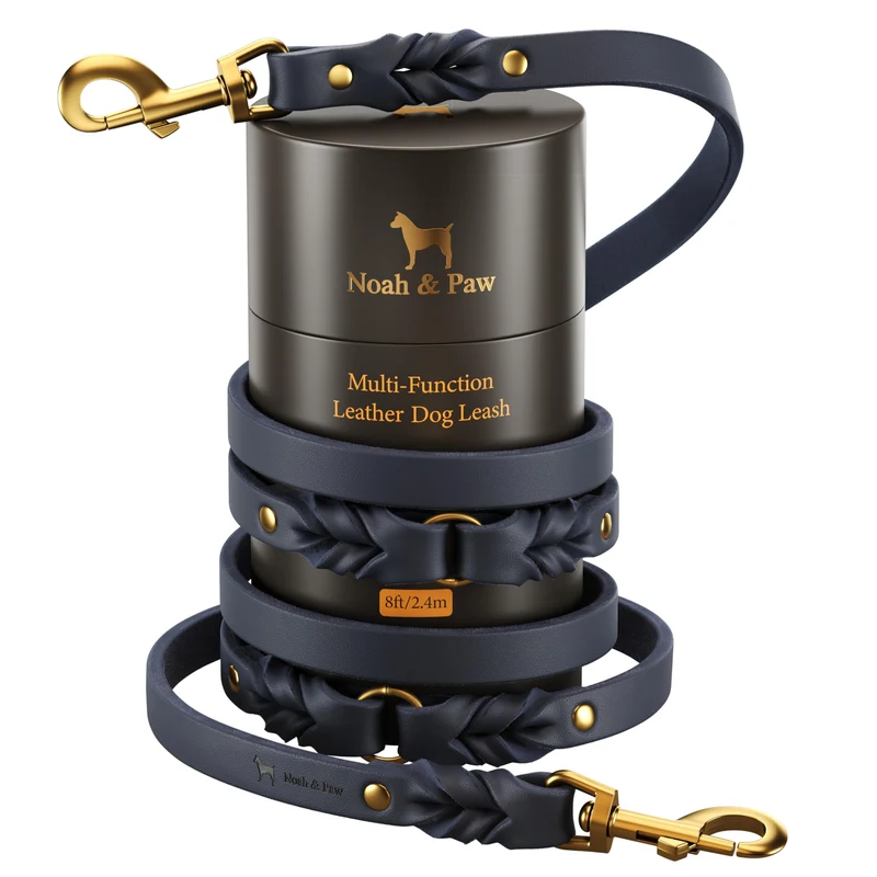 NOAH & PAW Laisse en cuir premium huile-cire — 8 pieds, 6 configurations mains-libres — Bleu Foncé