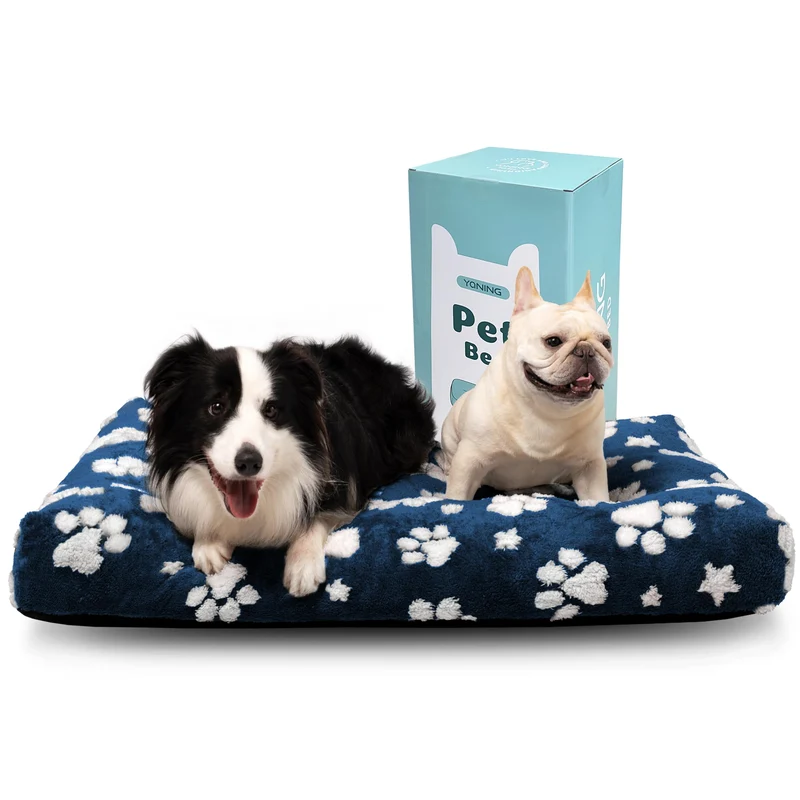 Lit Yaning XXL pour Chiens – Couchage Doux, Housse Lavable et Base Antidérapante, 41 x 28, Bleu Marine à Motifs Pattes
