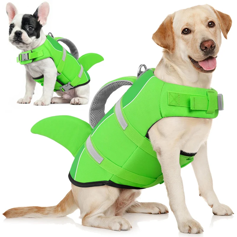 Gilet de sauvetage pour chien AOFITEE – Requin, flottabilité élevée, poignée de sauvetage, réfléchissant, tailles S à XL