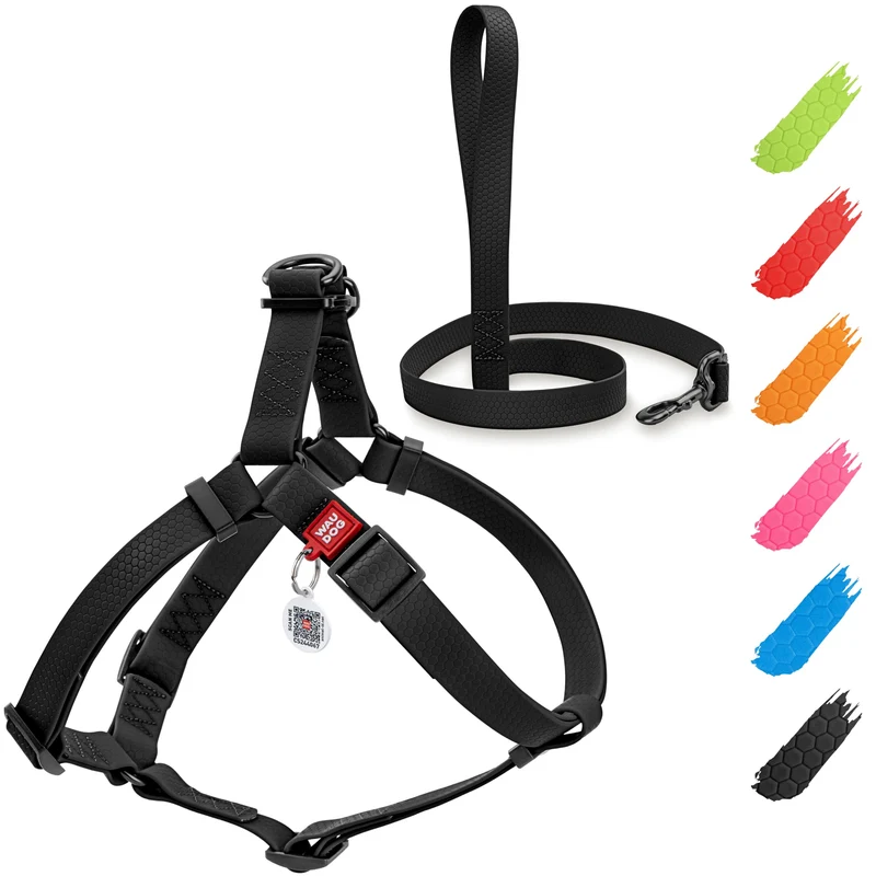 WAUDOG Harnais et Laisse Imperméables 6 Pieds – Réglables, Attache Métal Durable et Puce QR