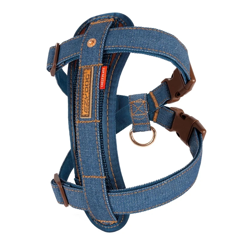 Harnais EzyDog Chest Plate anti-tir Denim – Contrôle Doux, Visibilité et Ceinture Voiture Incluse