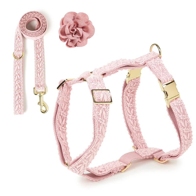 HQREA Harnais et Laisse en Dentelle Rose pour Chien Moyen – Fleurs Amovibles, Réglable 150 cm